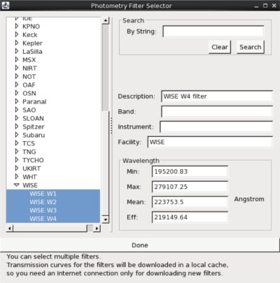 Photometry Filter Selector window
